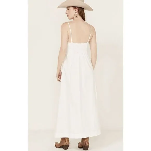 Free People Ivory Cotton Button Down Denim Scoop Neck Just Jill Maxi Dress S - Picture 4 of 5